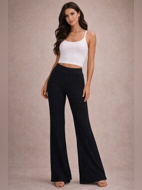 Forever 21 Black Textured Flare Leg Pants Stretch Boho Chic M